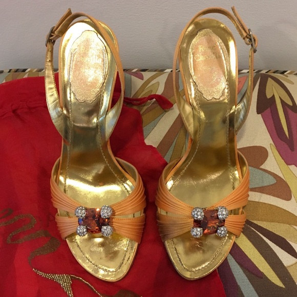 RENE CAOVILLA ORANGE SATIN HIGH HEEL SANDALS SZ 37 - Picture 2 of 8